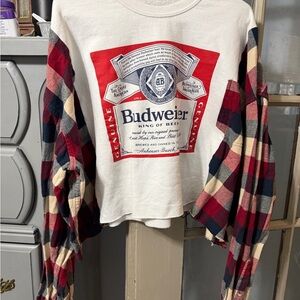 Handmade Upcycled Budweiser Graphic Crop Top with Plaid flannel Sleeves